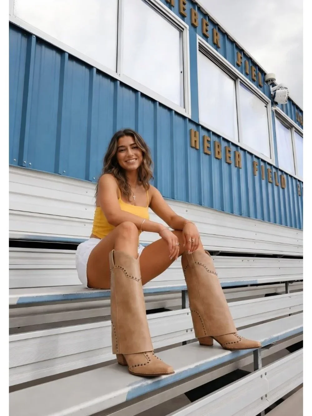Women's Beige Chunky Heel Snip Toe Fold Over Cowgirl Knee High Shark Boots